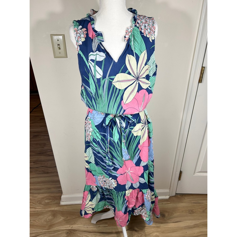 Talbots Maxi Dress Womens 8 Blue Floral Tropical Sleeveless Ruffle Resortwear